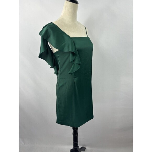 MNG Mango Slip Dress Hunter Green Size Small Ruffle Shoulder Satin Effect Mini - Picture 10 of 10